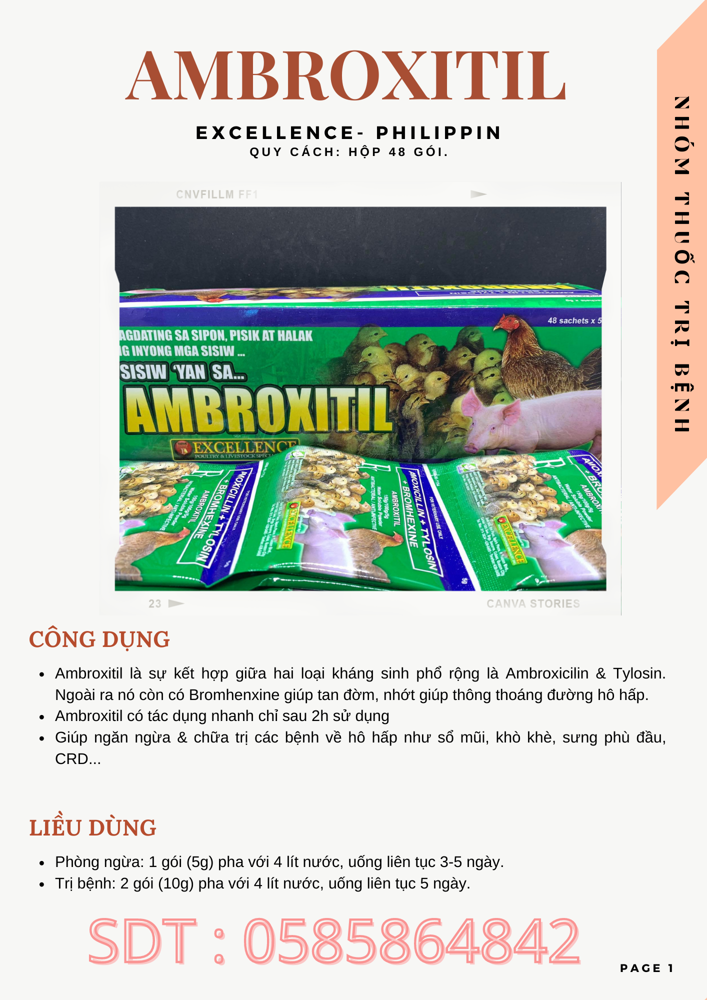 AMBROXITIL - ÚM GÀ CON , TRI HÔ HẤP CHO GÀ ĐÁ 5 GÓI
