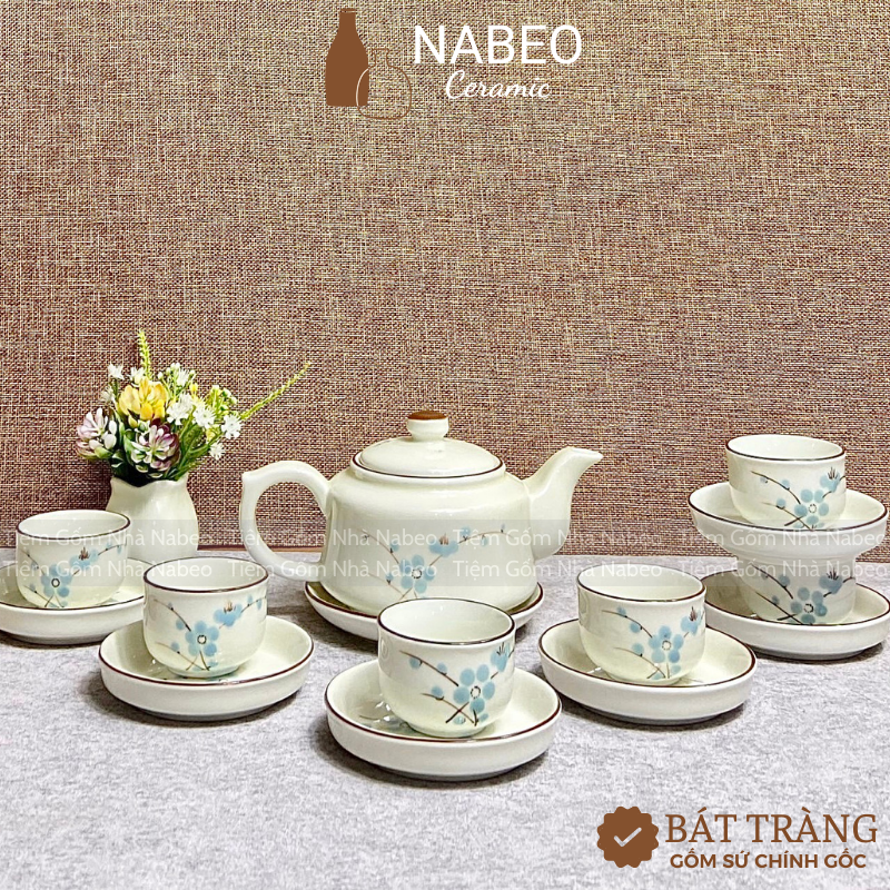Bộ ấm chén, bộ tách trà sen xanh bát tràng, có đĩa kê 350ml