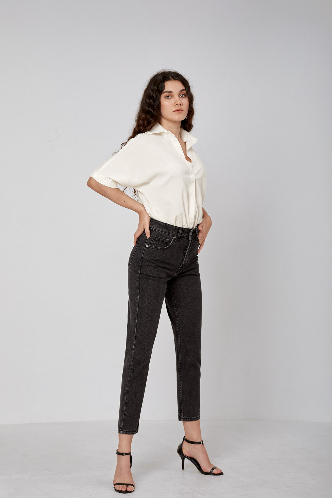 Quần Jeans Lưng Cao Nữ - Momfit Dark Grey - Hashtagem ( Mã MFJ - 07 )