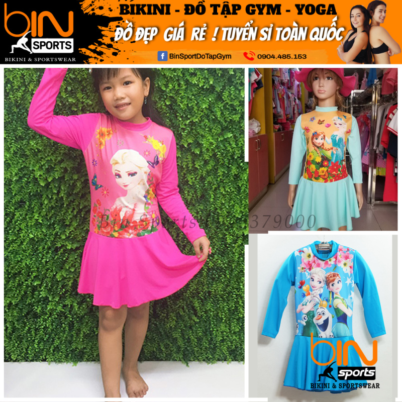 Giá bán Đồ Bơi Liền Thân Dài Tay Bé Gái Hoạ Tiết Hình Elsa Dễ Thương Từ 10kg Đến 30kg BB013