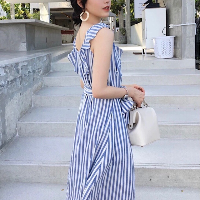 [HCM]Đầm sọc xanh dây bèo