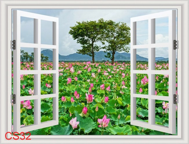 Tranh Dán Tường Cửa sổ Phong Cảnh Đầm Sen - CS32-Tranh 3d phòng khách- Song Long Decor