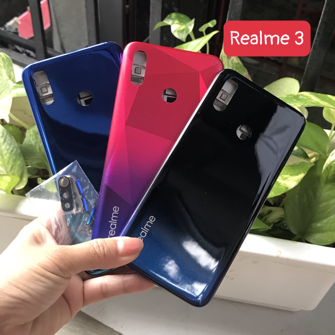 Bộ xương vỏ Realme 3 zin (bộ gồm lưng,sườn,nút bấm,kính camera)