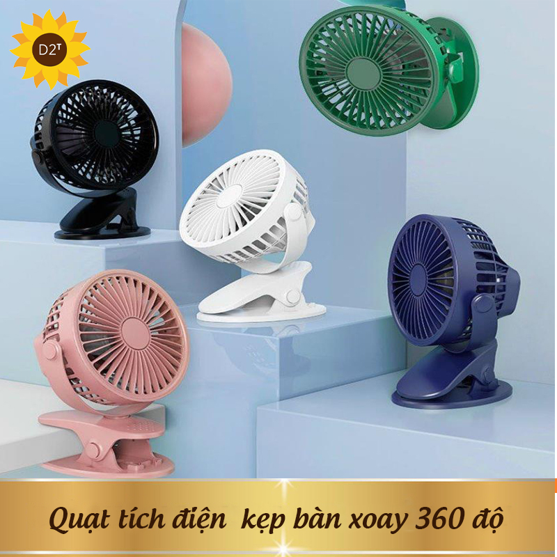 Quạt mini kẹp bàn, quạt kẹp bàn xoay 360 độ pin tích điện chân kẹp bàn, kẹp xe đẩy - pin sạc, 3 cấp độ