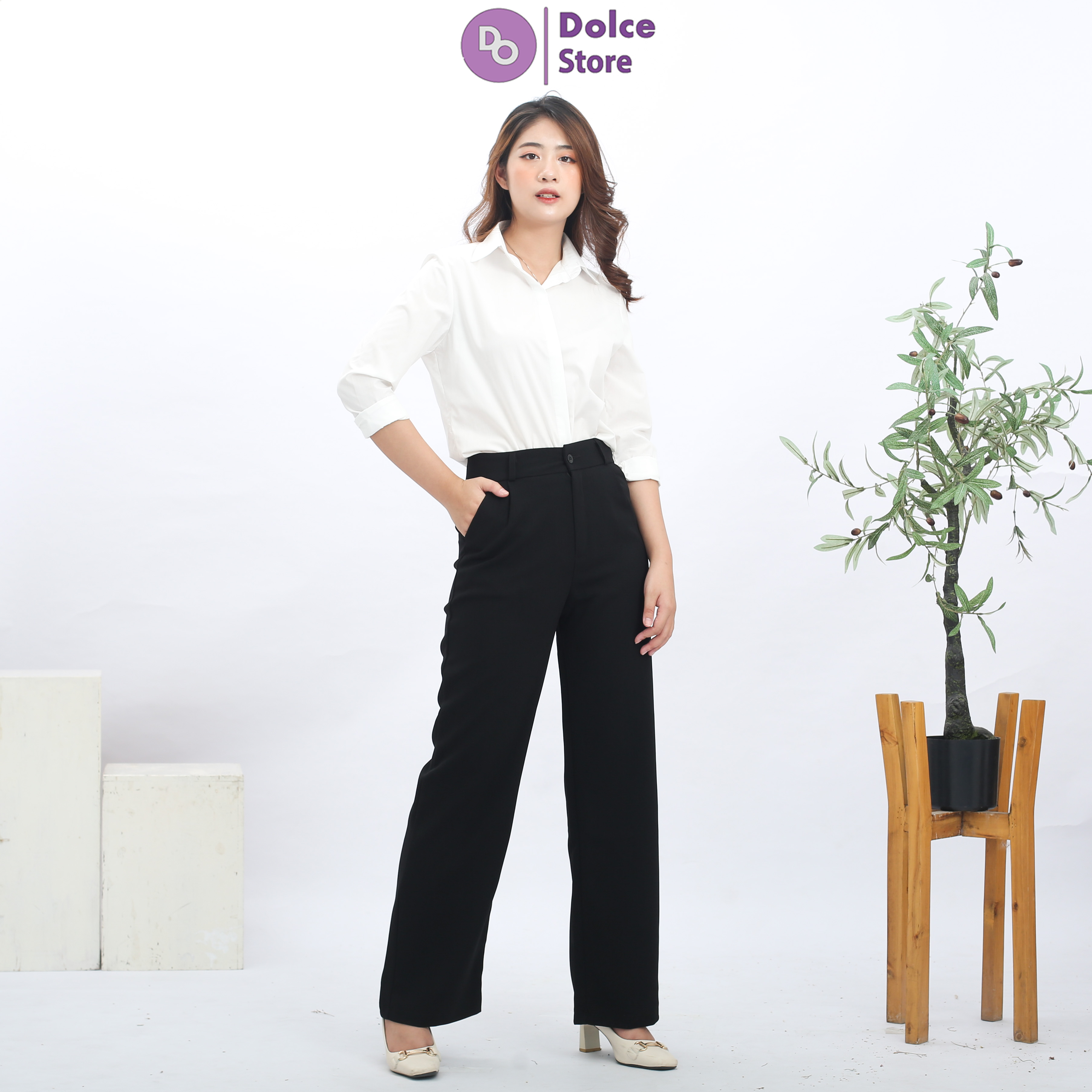 Quần ống suông công sở cạp cao dài 100cm - Dolce