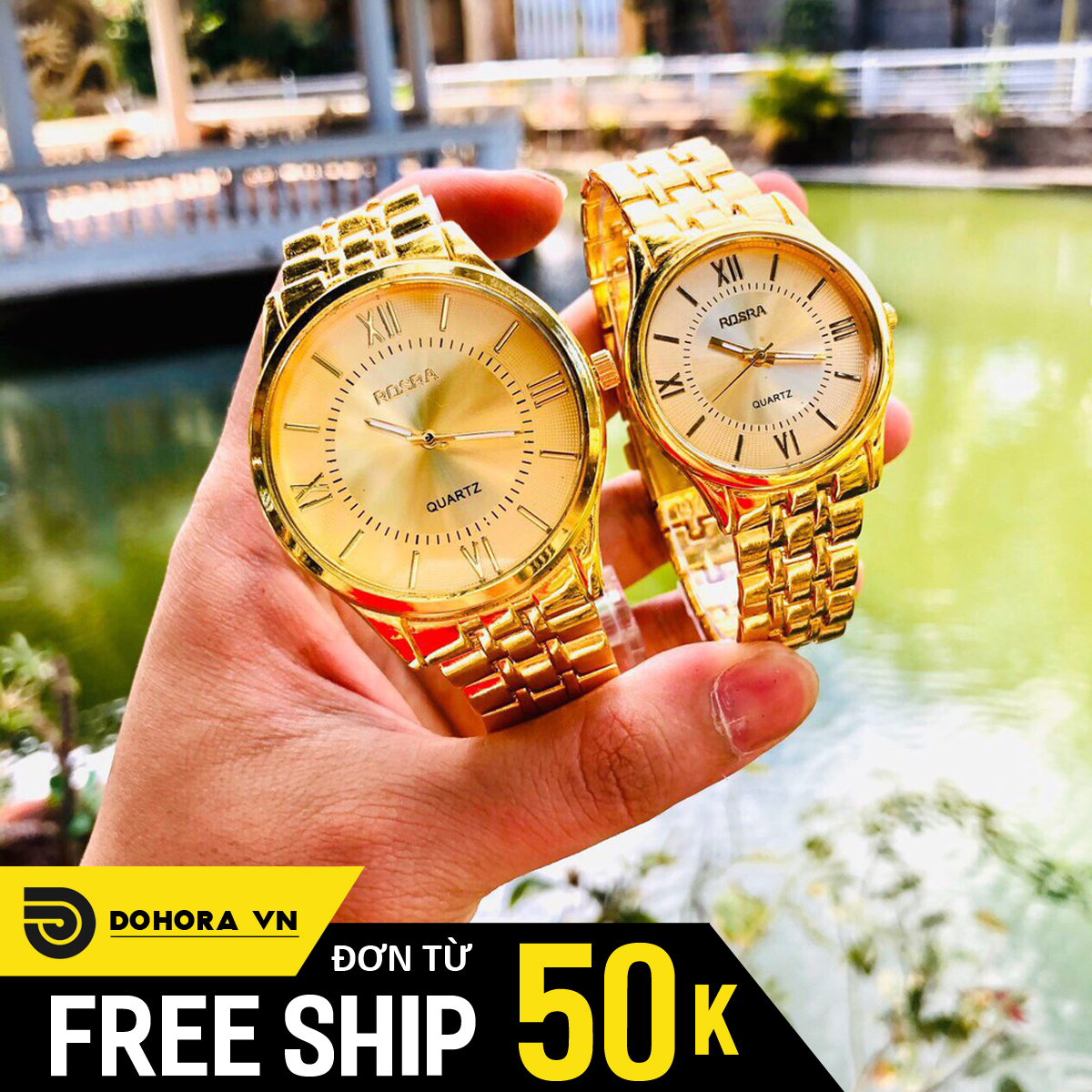 Đồng Hồ Quartz, Đồng Hồ Cặp Đôi Nam Nữ ROSRA R114, Mặt La Mã Chạy 3 Kim Sang Trọng, Dây Demi Màu Vàng Cao Cấp (Bảo hành 6 tháng )