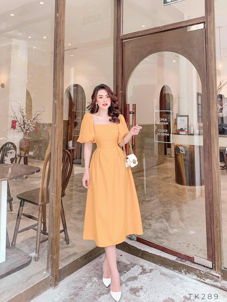 Đầm cổ vuông tay bồng 4 màu