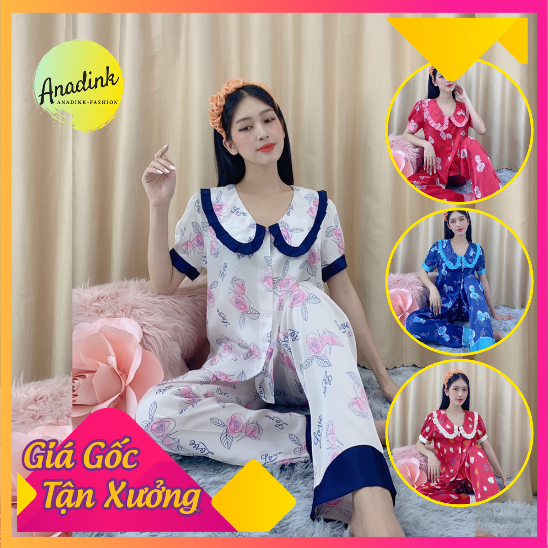 [HCM]Đồ Ngủ PIJAMA Phi Bóng Lụa Phối Cổ Nhún Bèo Dễ Thương Của Thời Trang Nữ