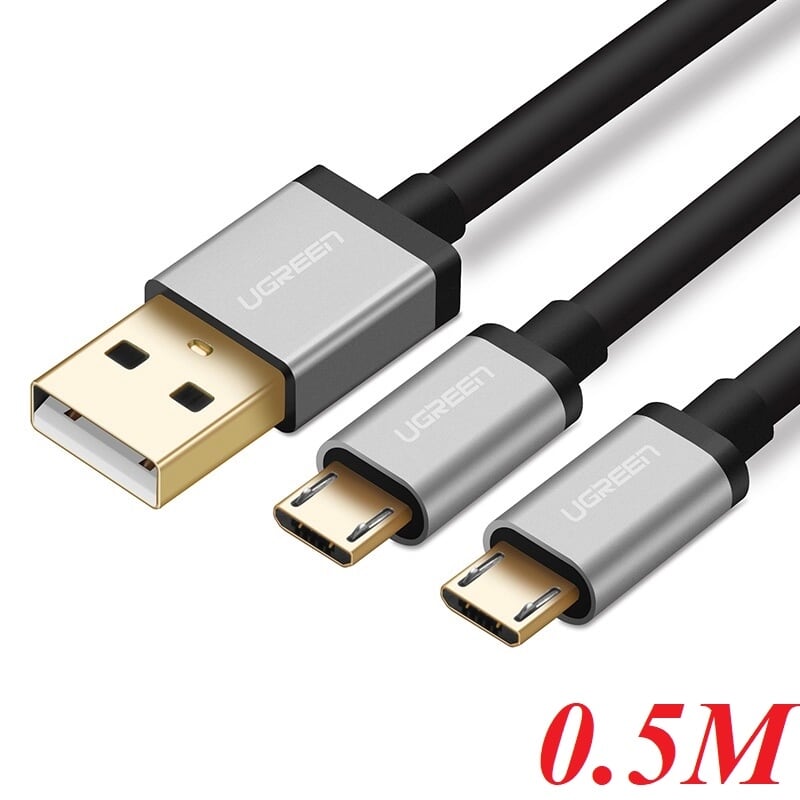 Ugreen 40347 0.5m màu đen cáp sạc truyền dữ liệu usb 2.0 sang 2 đầu micro usb cao cấp us196