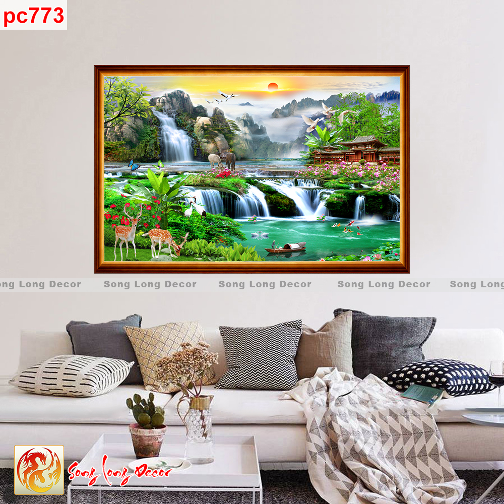 [THANH LÝ SẢ KHO] Tranh dán tường 3d - Tranh Sơn Thủy - Tranh 3D Sơn Thủy Hữu Tình - Giấy dán tường 3d - Song Long Decor pc773