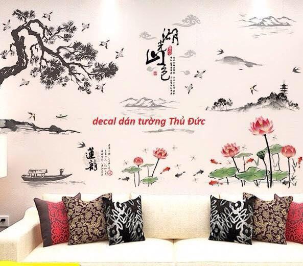 Combo 2 bức decal dán tường Cây tùng kết hợp sen phong thủy trang trí