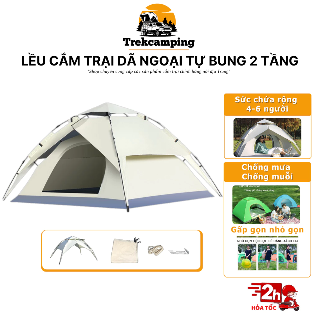 Lều cắm trại tự bung dã ngoại cho nhóm 4 đến 6 người chống mưa, chống tia UV, 2 cửa trước sau thông gió 2 chiều