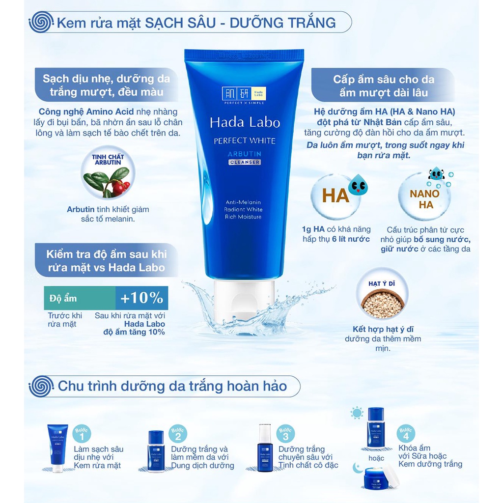 HadaLabo Kem rửa mặt Perfect White Tranexamic Acid Cleanser 80g