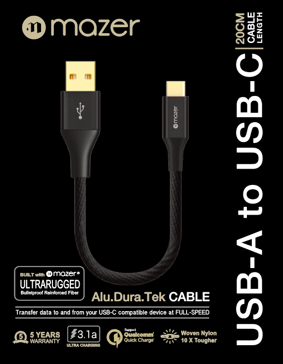 Dây Cáp Sạc Mazer ALU.DURA.TEK USB-A to USB-C Cable 3.1A (20cm - 1.2m - 2m)