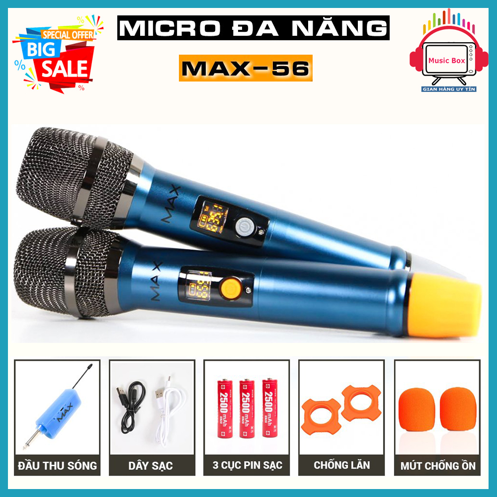 [ MẪU HÓT ] Bộ 2 Micro không dây đa năng Max 56 - Nâng cấp từ Max 39 - Hút âm tốt, chống hú hiệu quả - Sạc pin ngay trên mic - Sử dụng pin sạc dung lượng cao - Màn hình LCD hiển thị tần số - Phù hợp mọi thiết bị