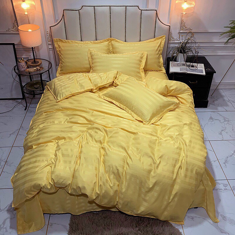 Bộ 4 Món Ga Gối SỌC 3F Vải Cotton Lụa Hàng Chuyên Cho Gia Đình Và Khách Sạn - Vàng Chanh