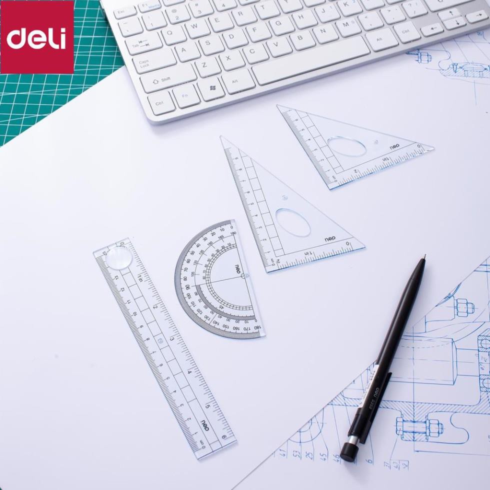 Bộ dụng cụ 4 cây thước nhựa cứng học sinh Deli - Kèm túi zip - E9597