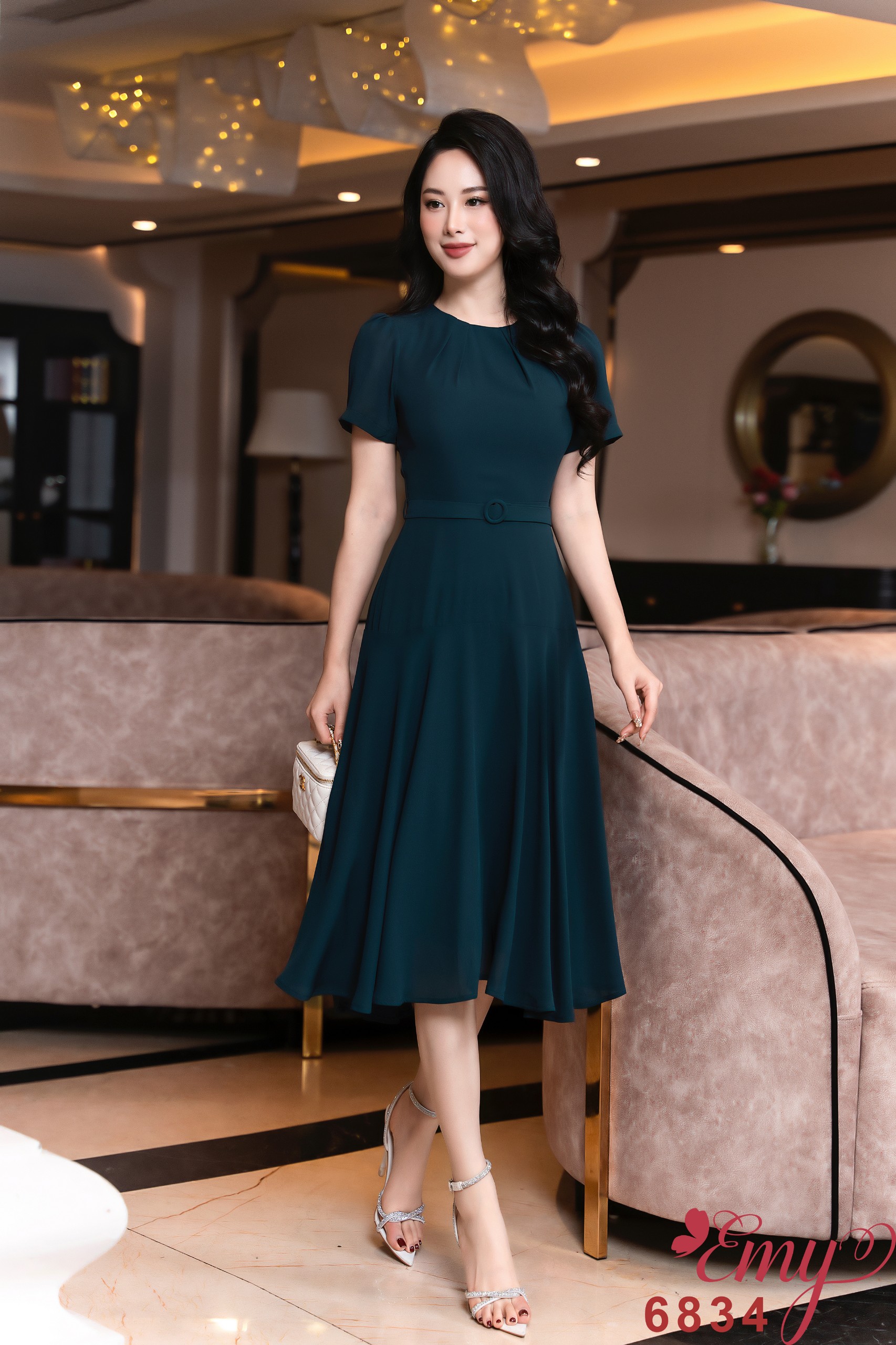 Đầm EMY EM6834 Xoè Xanh Cổ Tròn