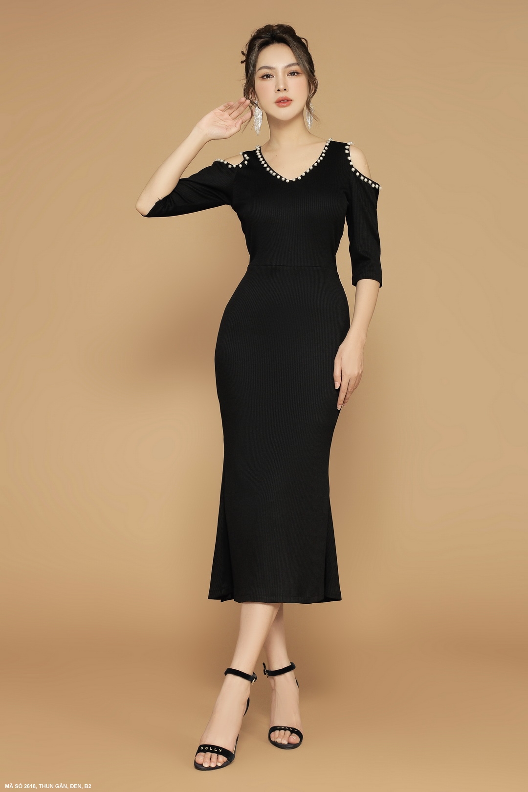 MyDu Shop MS 2618 | Đầm Dự Tiệc Thun Ôm Lai Loe Khoét Vai Kết Hạt Ngọc Sang Trọng
