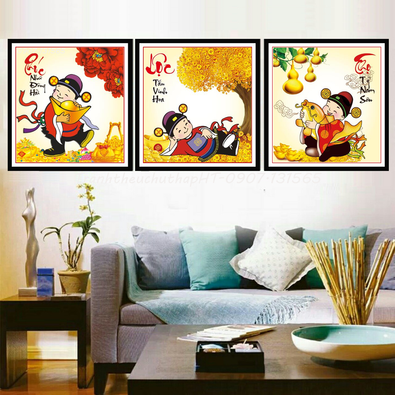 [HCM]Tranh thêu chữ thập - Tranh đính đá phúc lộc thọ thần tài 134*50cm - tự đính