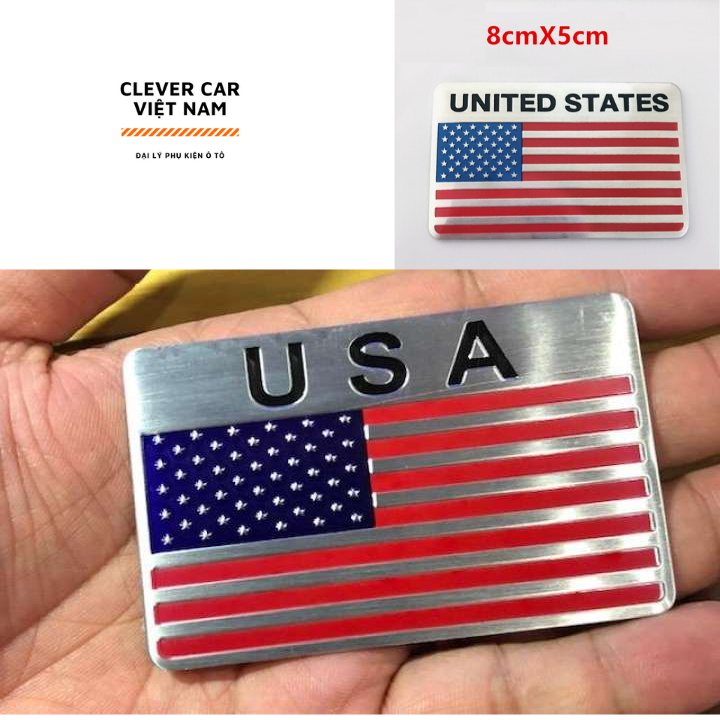 Tem Nhôm Trang Trí Ô Tô Xe Hơi Cờ Mỹ Cao Cấp [Hình Chữ Nhật-8x5cm]