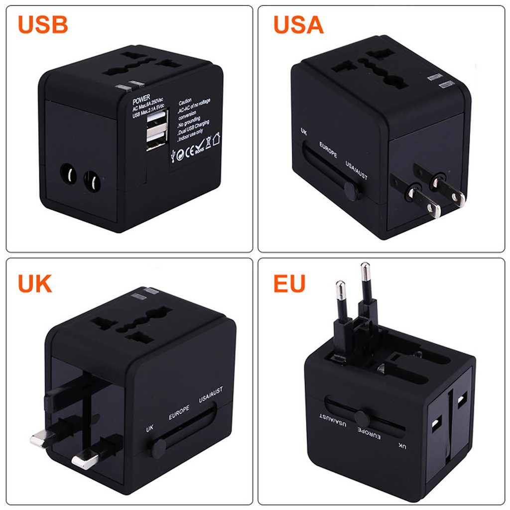 Adapter chuyển ổ cắm du lịch 2 cổng USB 2.1A túi kéo