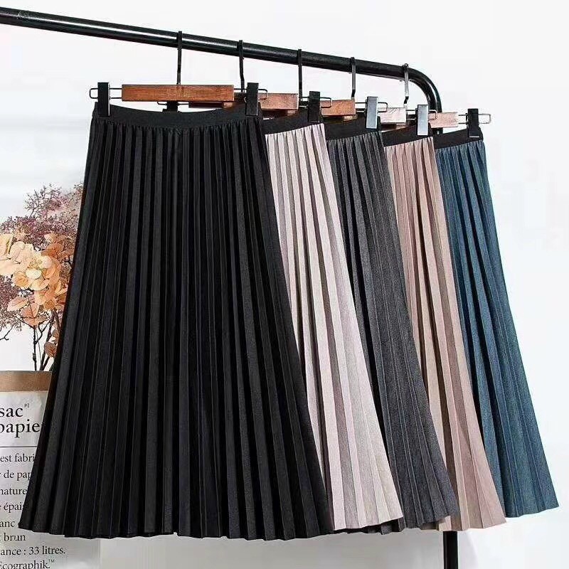 chân váy xếp li dạ dài, midi, chân váy xếp ly free size