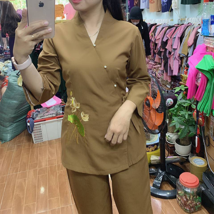 Quần Áo Phật Tử, Đồ Lam Phật Đi Chùa Nữ, đồ bộ mặc nhà Nữ mẫu nhật thêu mã P28A