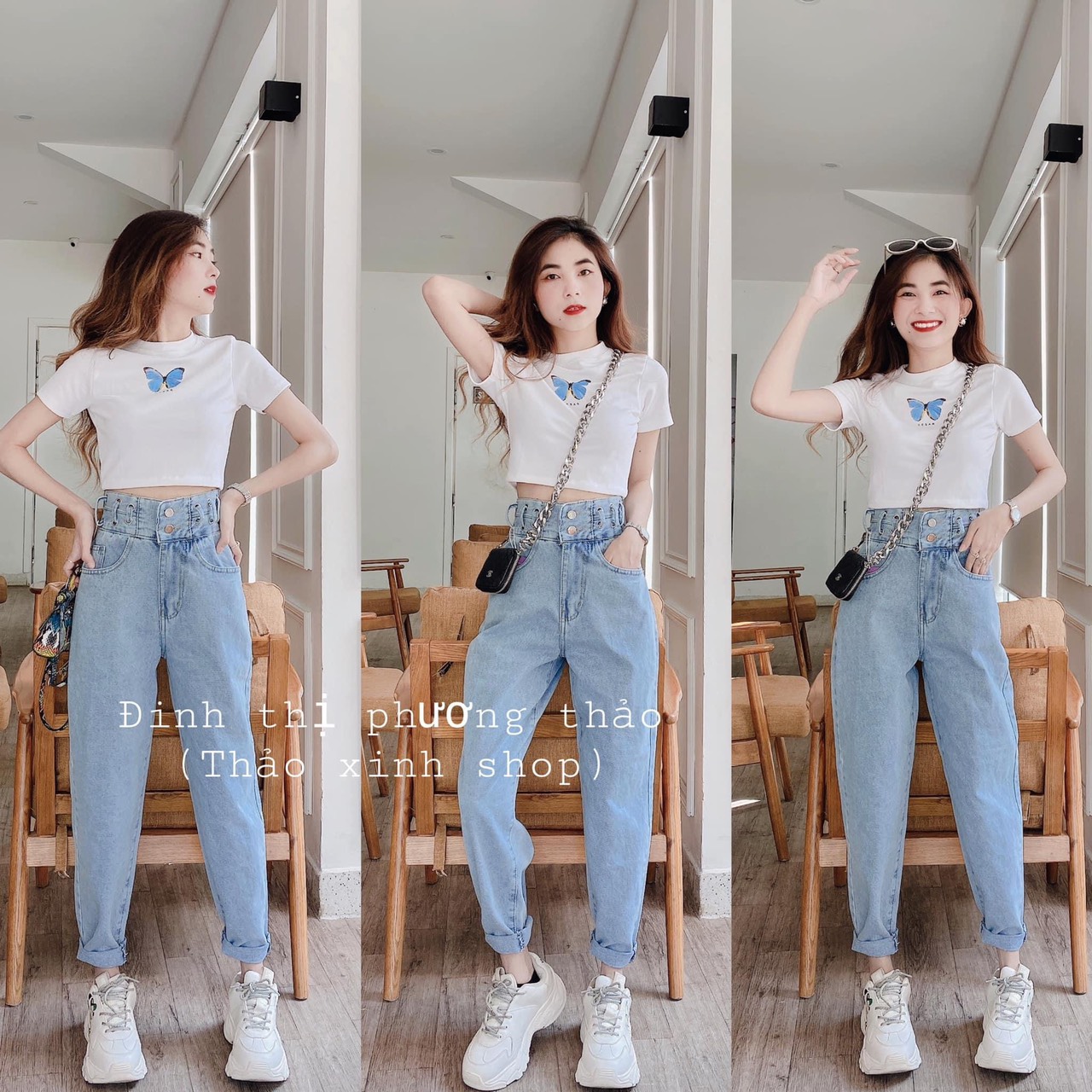 SET BAGGY JEAN 2 NÚT XỎ DÂY + CROPTOP BƯỚM