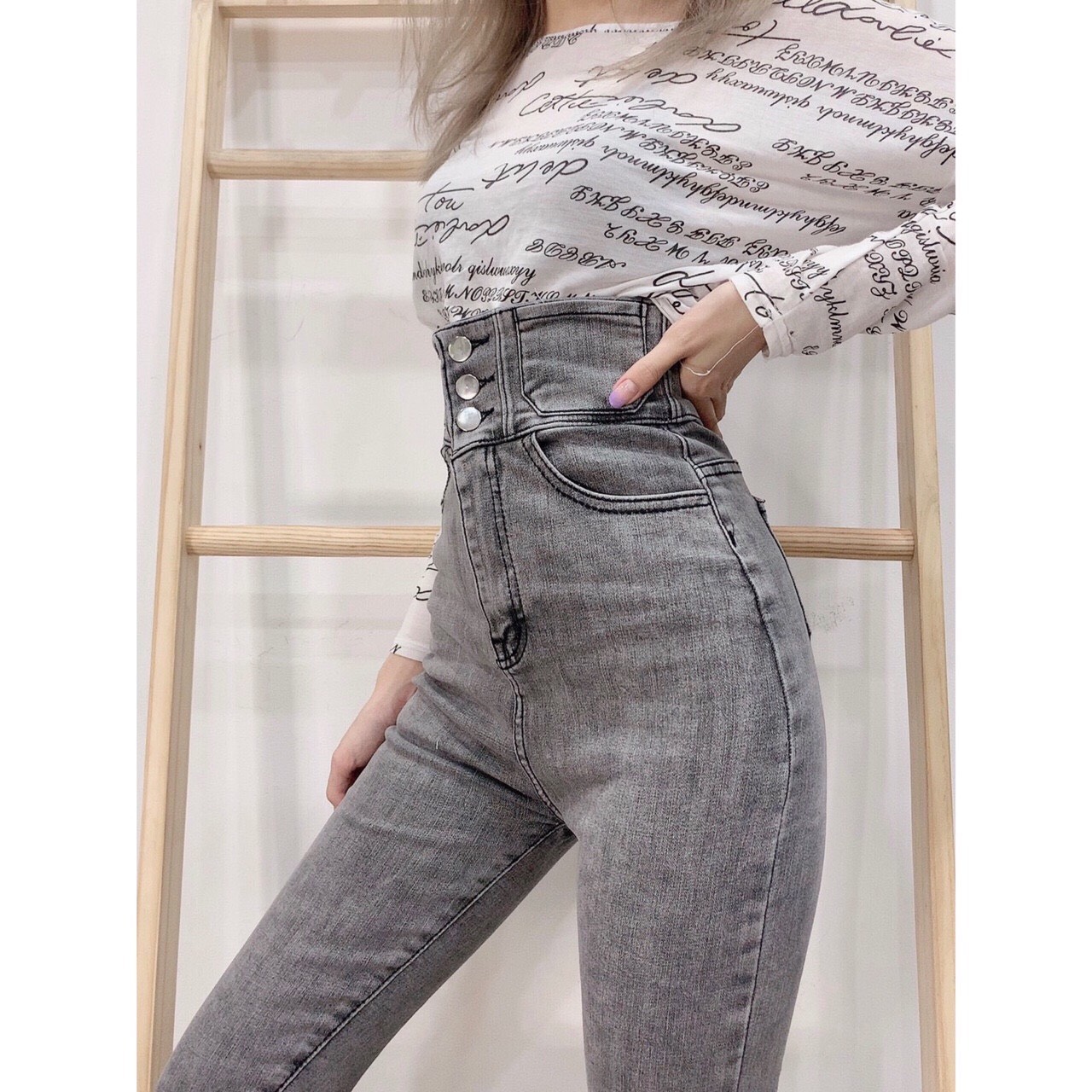 quần jean nữ lưng siêu cao 3 CÚC MÀU XÁM NHẠT -3C-11