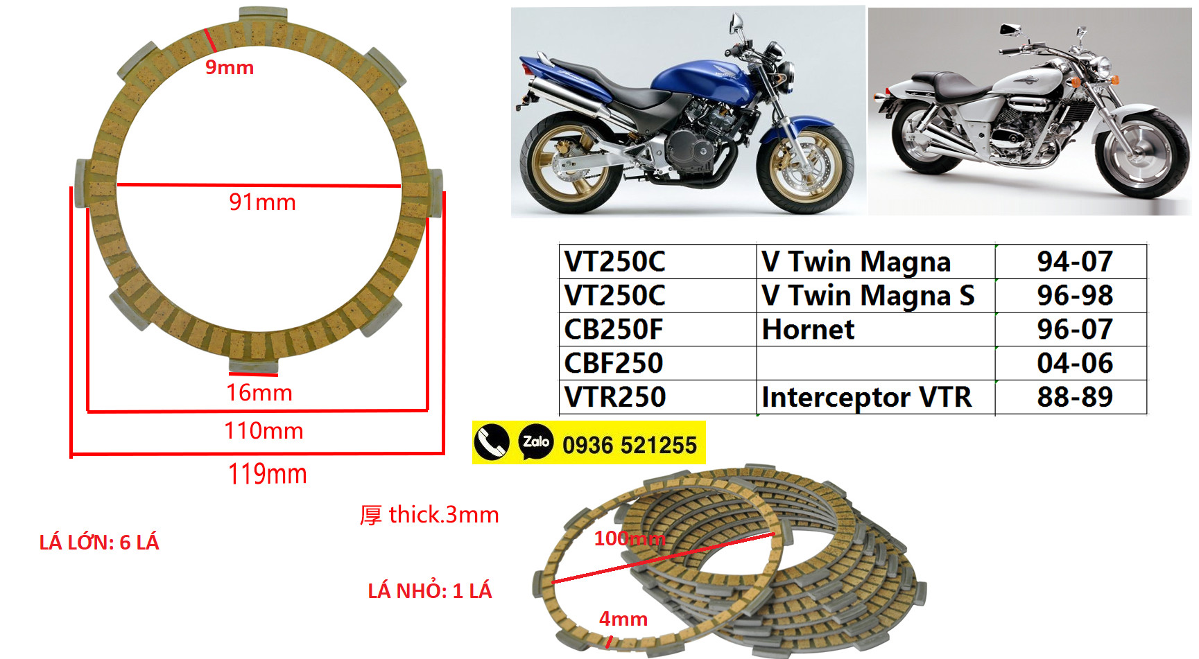 Bộ ly hợp lá bố lá côn hornet 250 vtr250 cb250f vt250c cbf250 magna250