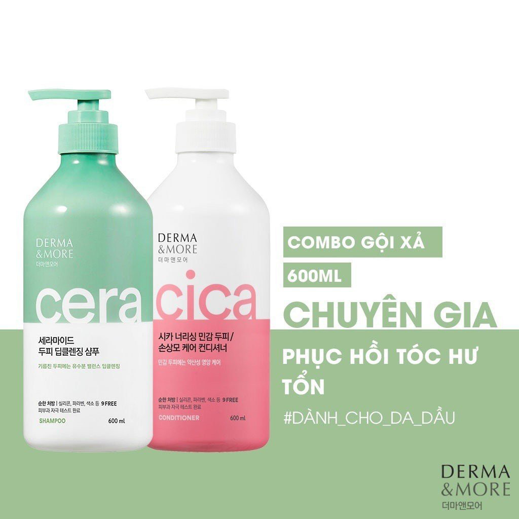 Combo gội xả làm sạch sâu cho da đầu dầu giảm bết Derma & More CERAMIDE cấp ẩm, phục hồi tóc hư tổn, dưỡng tóc khoẻ đẹp 600ml