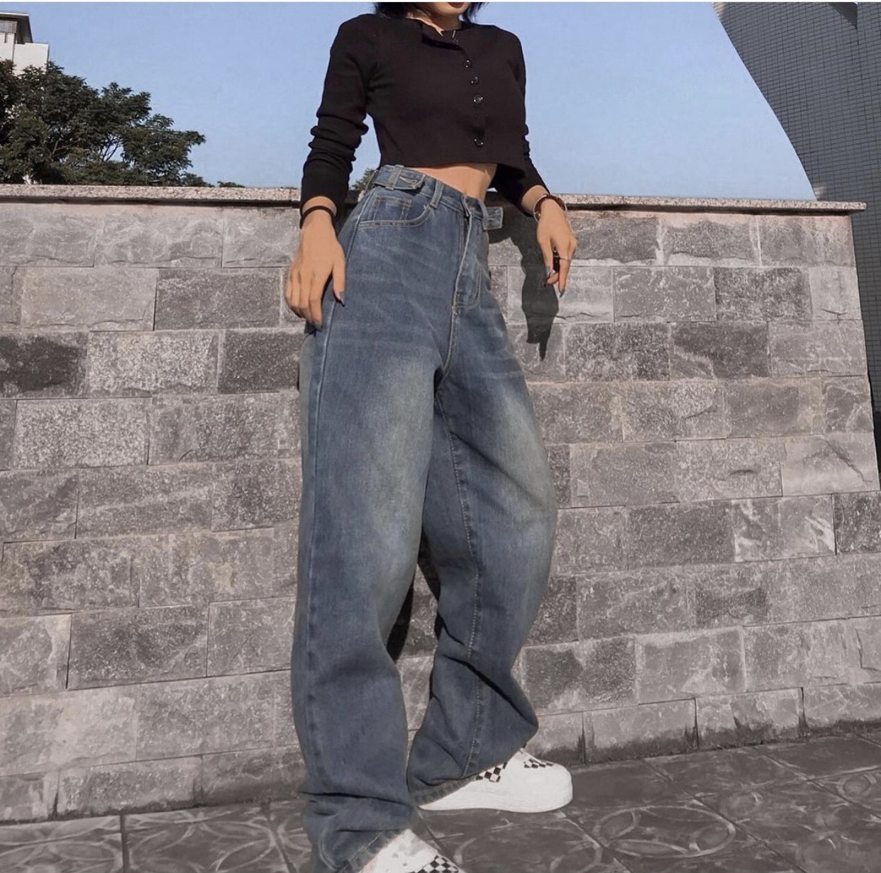 ☀️SET BAGGY JEANS LƯNG CAO ĐAI NÚT + CROPTOP GÂN TD