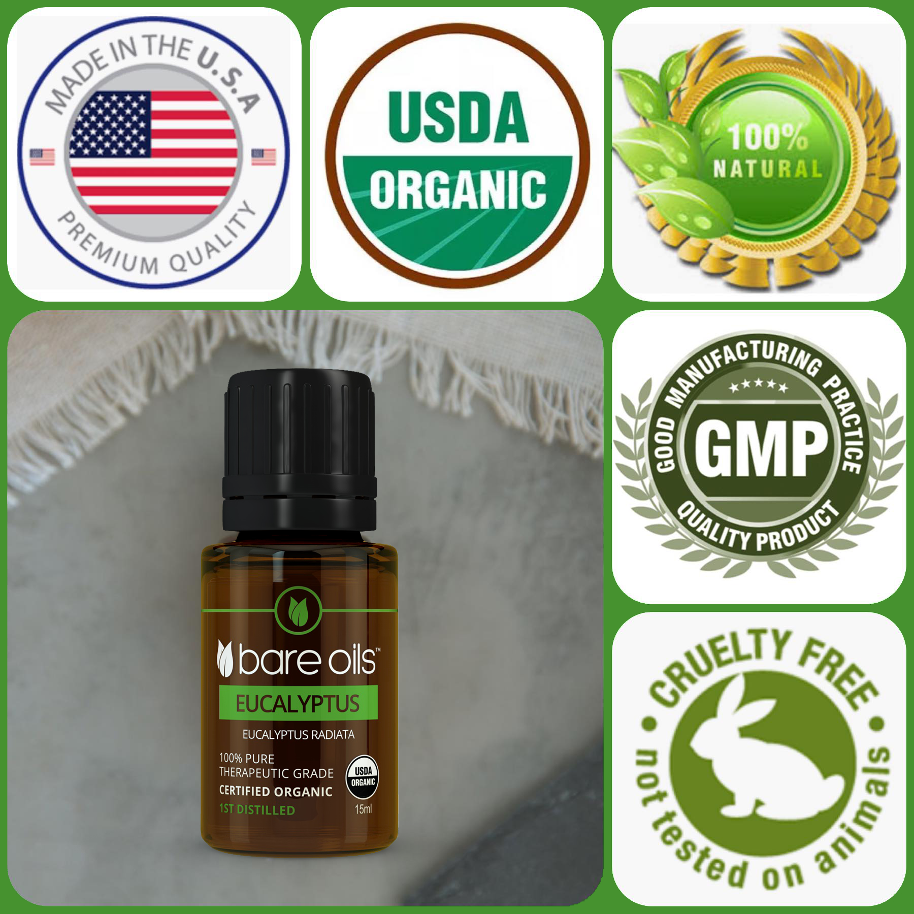 Tinh dầu khuynh diệp - Eucalyptus Essential Oil (Tinh dầu hữu cơ Bare Oils - USDA Organic) 15ml