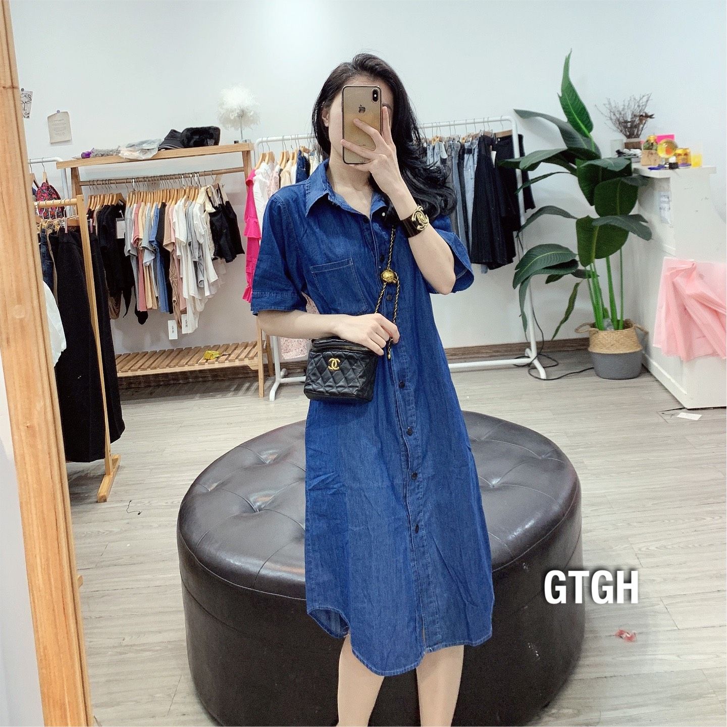 Đầm jean suông cổ sơmi phom rộng