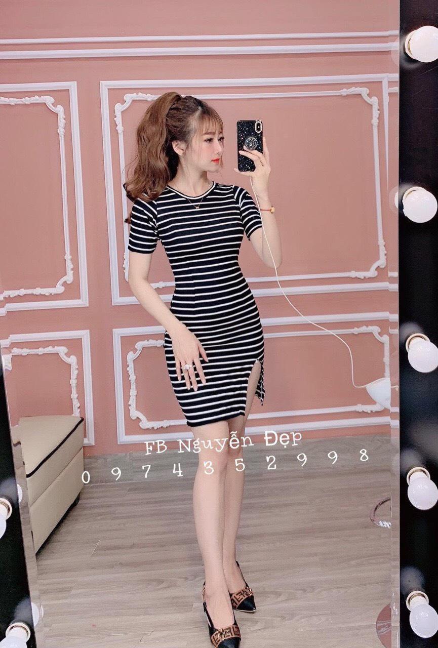 Đầm body sọc ngang xẻ đùi chất liệu poly-QH
