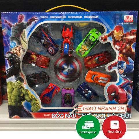 Hộp 10 xe ô tô sắt Avenger đồ chơi siêu nhân chạy bánh đà cực đẹp