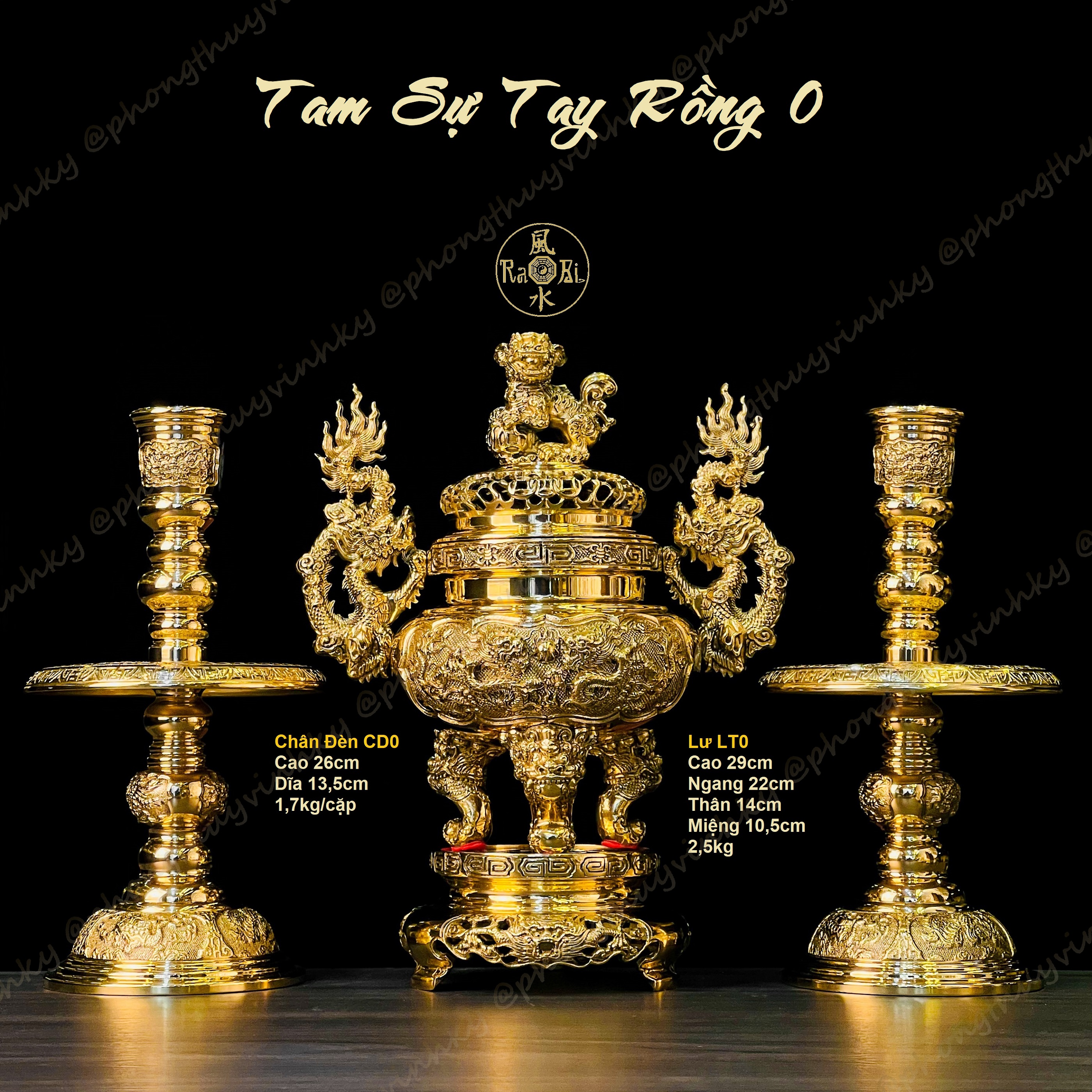 Bộ Tam Sự Lư Tròn 29cm + Chân Đèn 26cm - Vật Phẩm Đồng Thờ Cúng Vĩnh Tiến Cao Cấp
