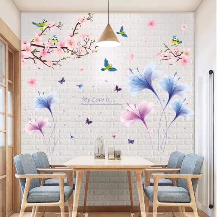 DECAL DÁN TƯỜNG HOA XANH TÍM VÀ CÀNH ĐÀO HỒNG