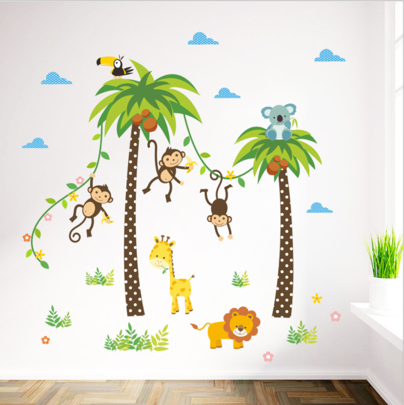 Decal trang trí tường - 2 Cây Dừa và đàn thú tinh nghịch