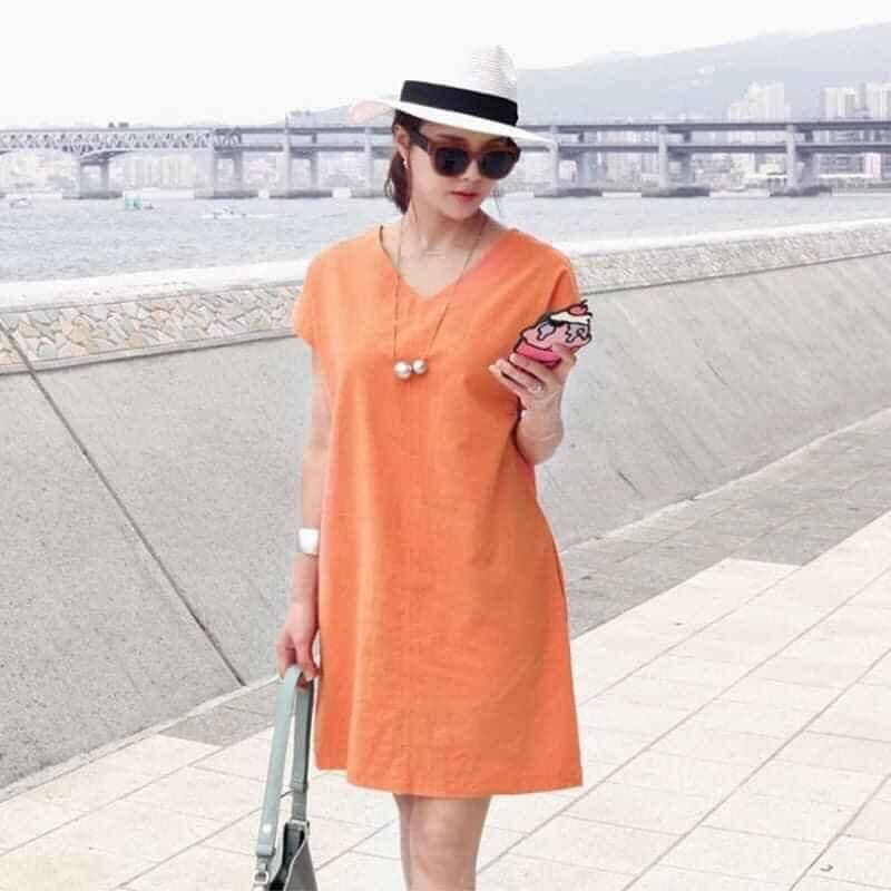 Đầm linen cổ tim đủ sz S-XL