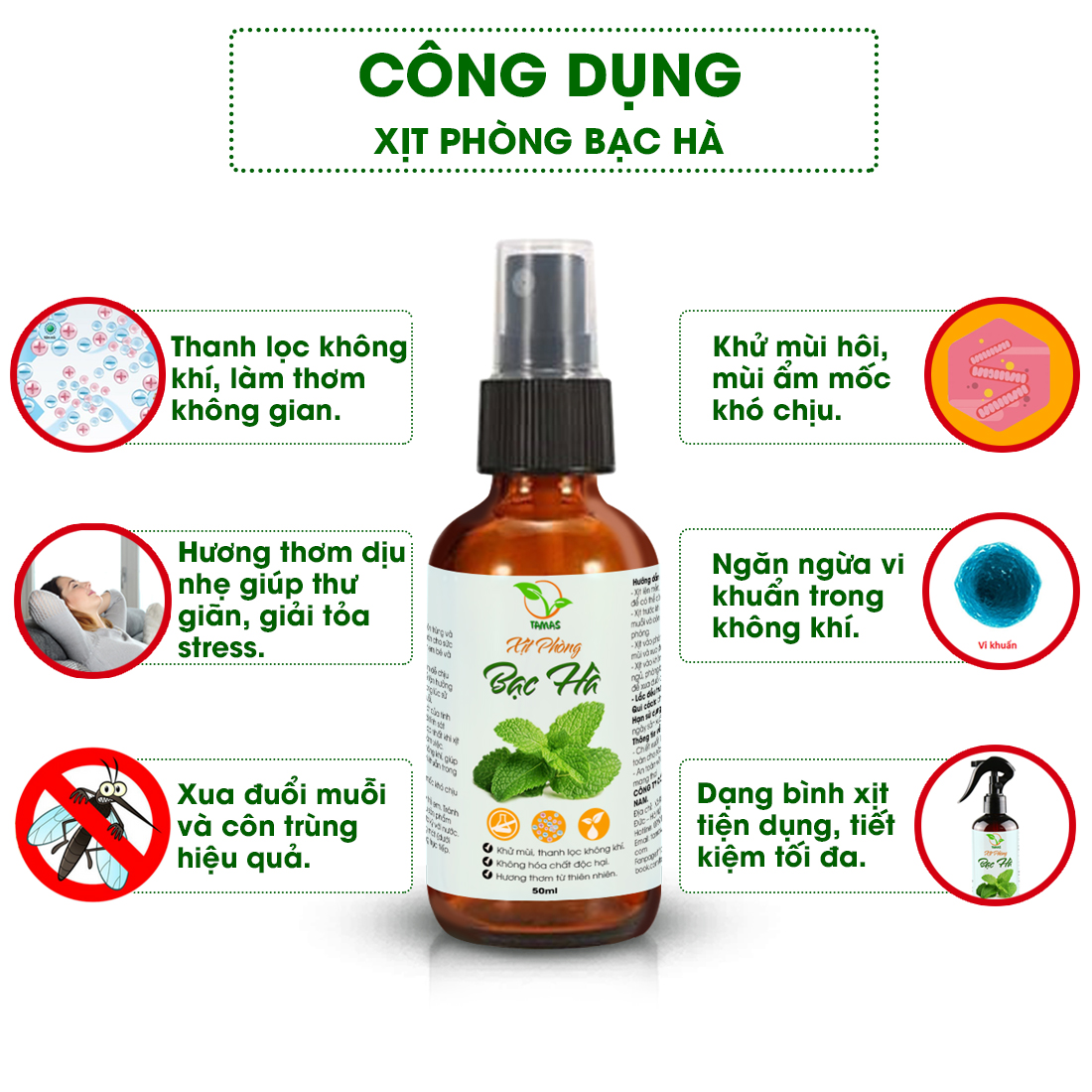 COMBO 3 chai xịt thơm phòng thư giãn, đuổi côn trùng( Trầm Hương 50ml + Hoa Cam 50ml+ Bạc Hà 50ml)- TAMAS.