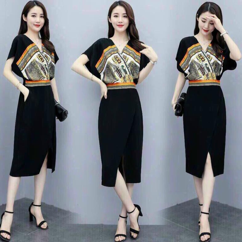 Đầm Lụa Hoạ Tiết Cổ V