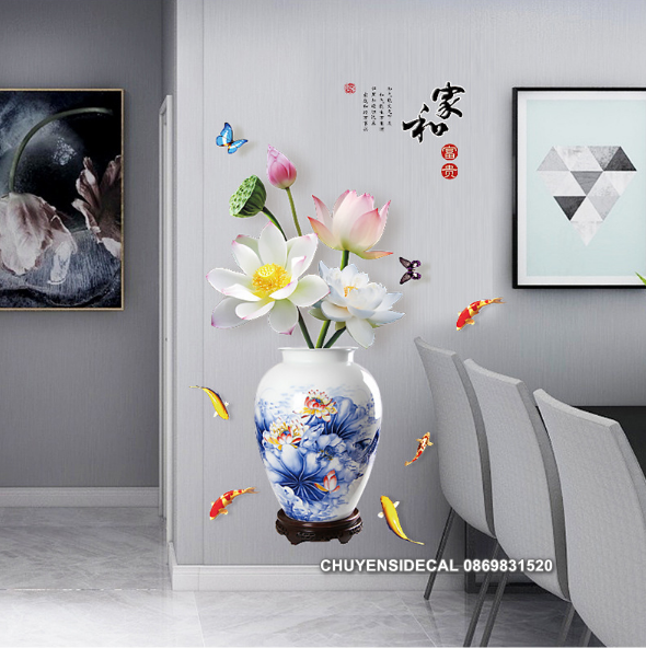 [HCM]Decal trang trí tường - Chậu Hoa Sen Trắng 3D cao cấp