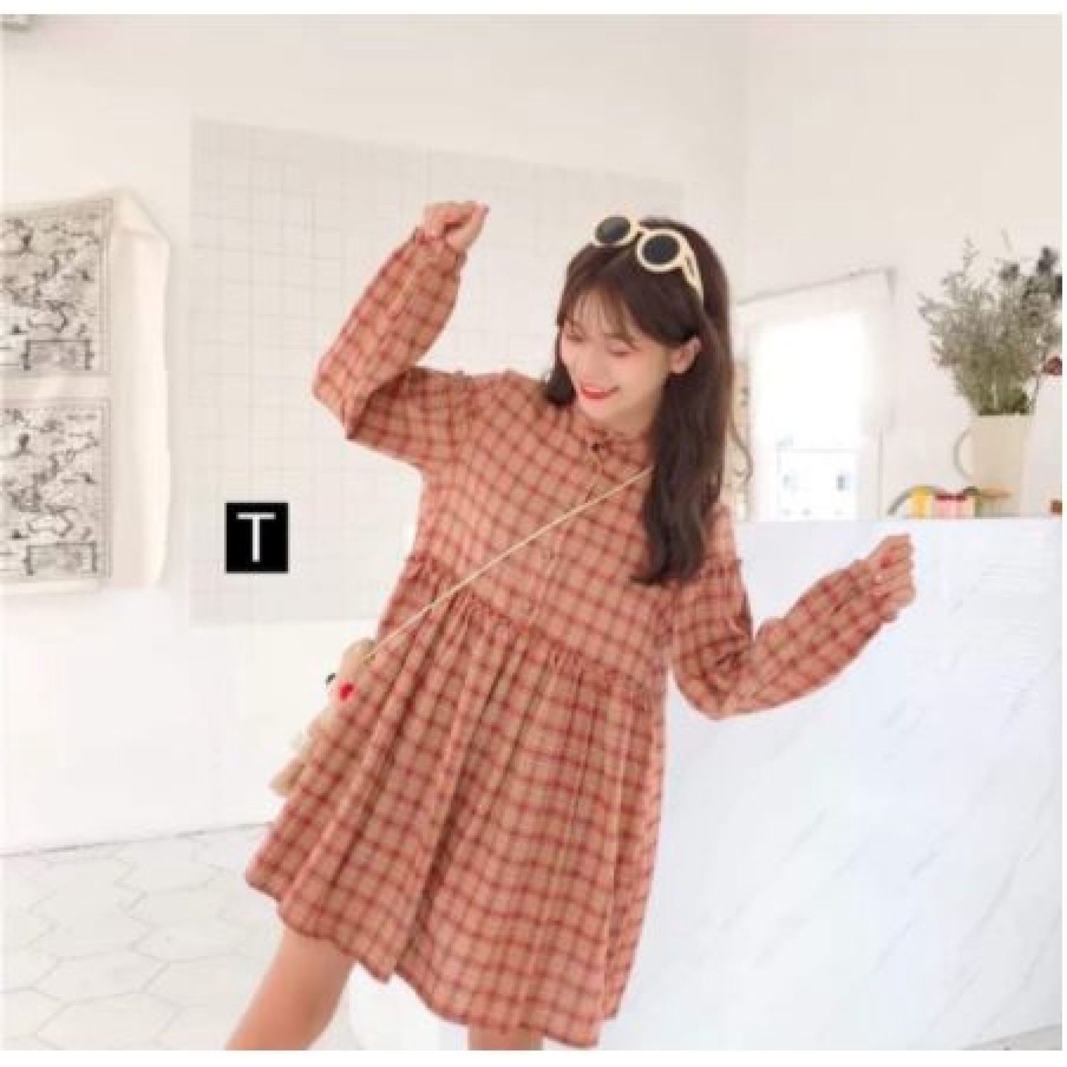 Đầm sơ mi cổ đứng caro
