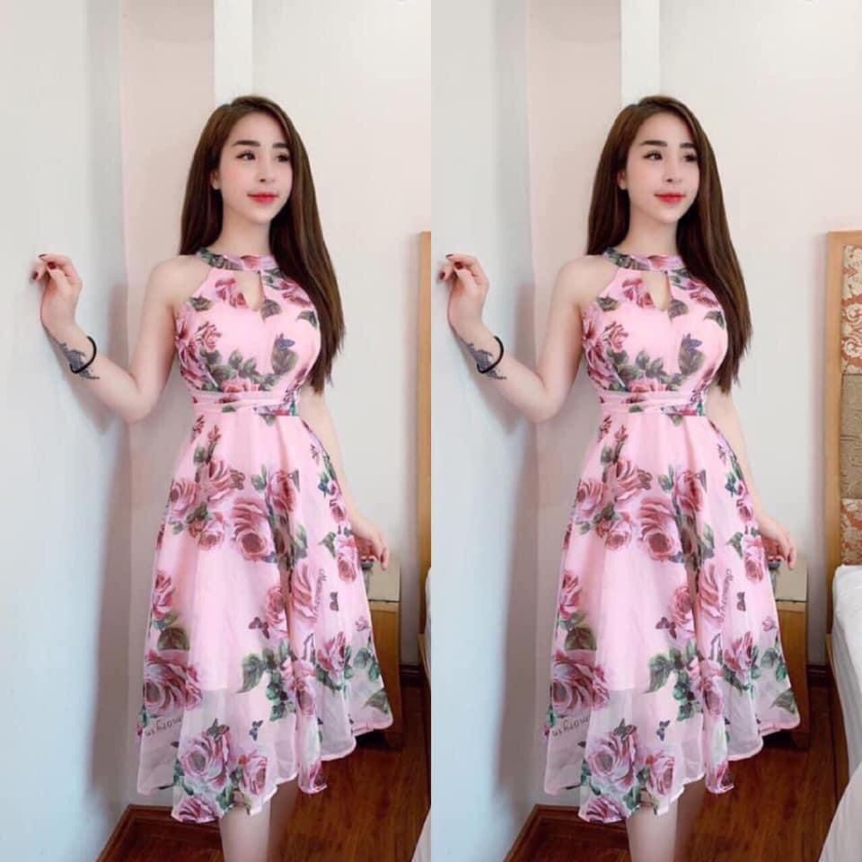 Đầm váy hoa voan cổ yếm tiểu thư