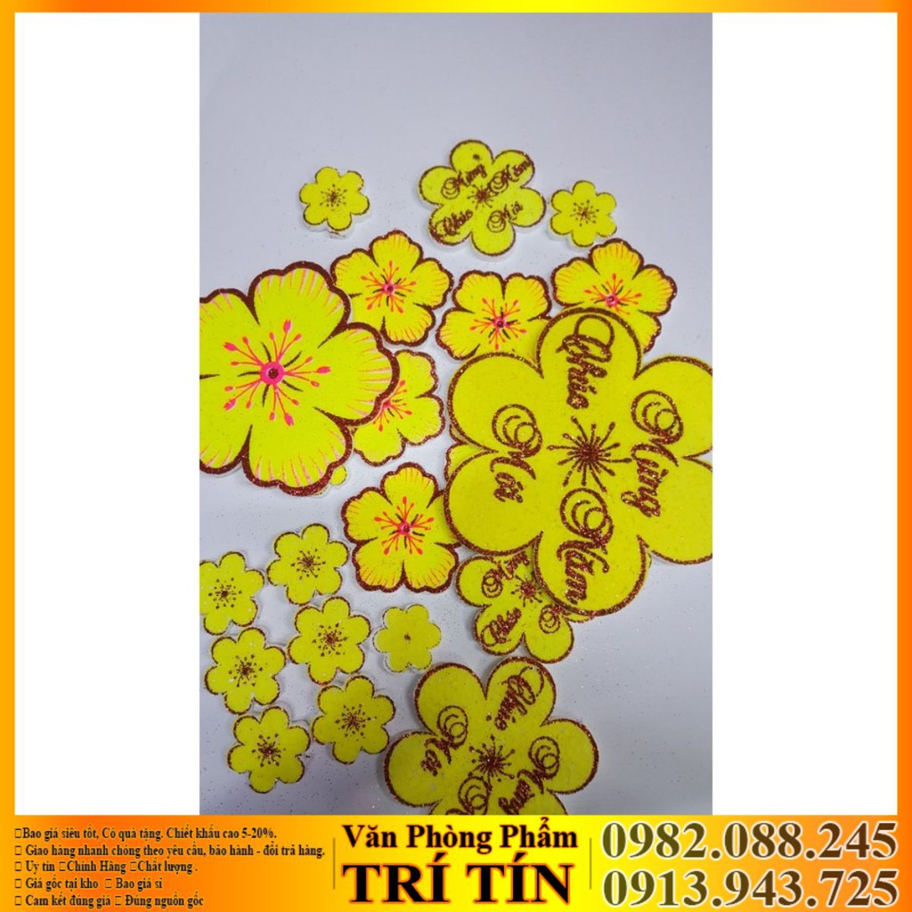 [HCM][COMBO] 14 BÔNG MAI XỐP 5 cánh đủ cỡ viền kim tuyến vàng dán tường dán kiếng trang trí tết