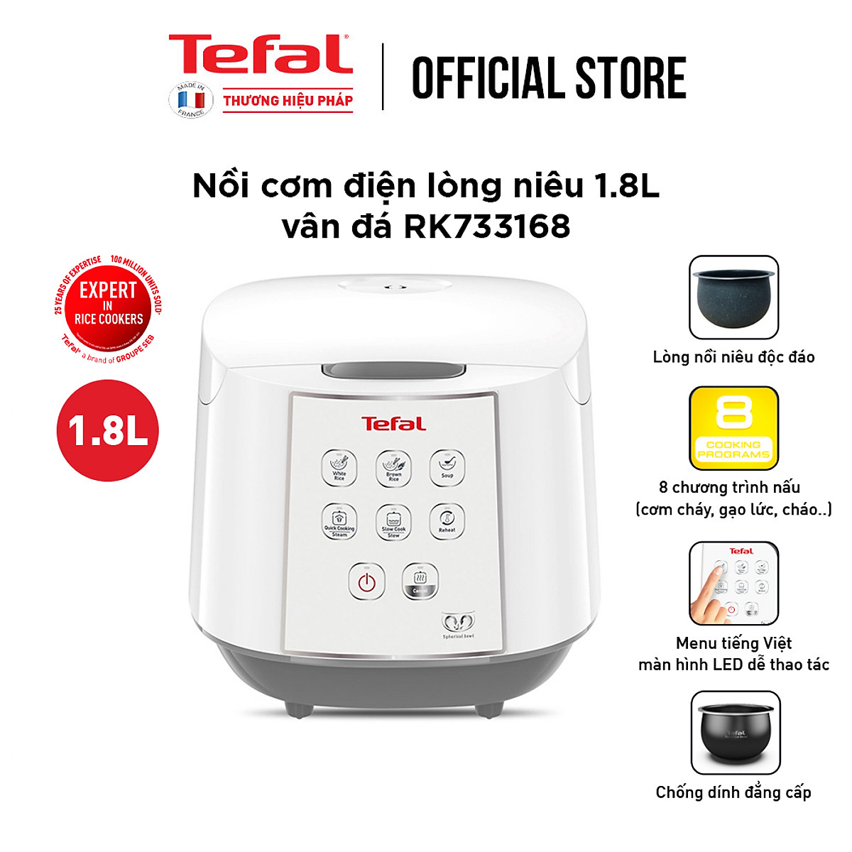 Nồi cơm điện tử tefal 1.8 lít rk733168, bảo hành chính hãng 24 tháng