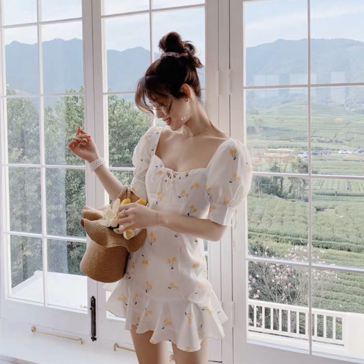 [HCM]Sleeveless dress Cherry Fishtail Knit Bust, Sleeveless, Thick Bow - DX532