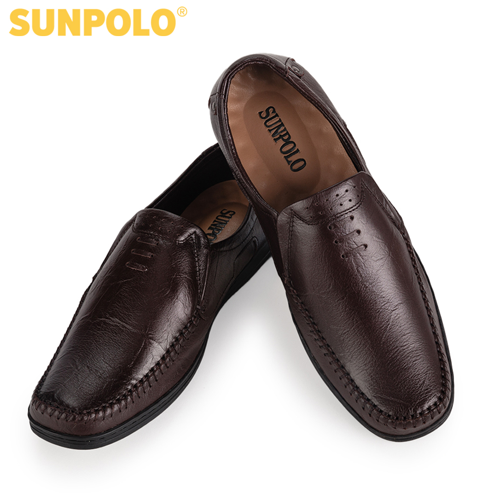 Giày mọi nam da bò SUNPOLO LS2098 (Nâu) Phiên bản mới cải tiến đế giày